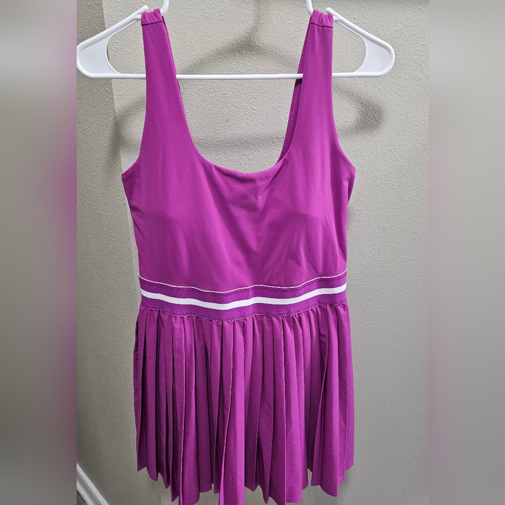 all in motion Magenta Pleated Skater Dress with White Waist Stripes